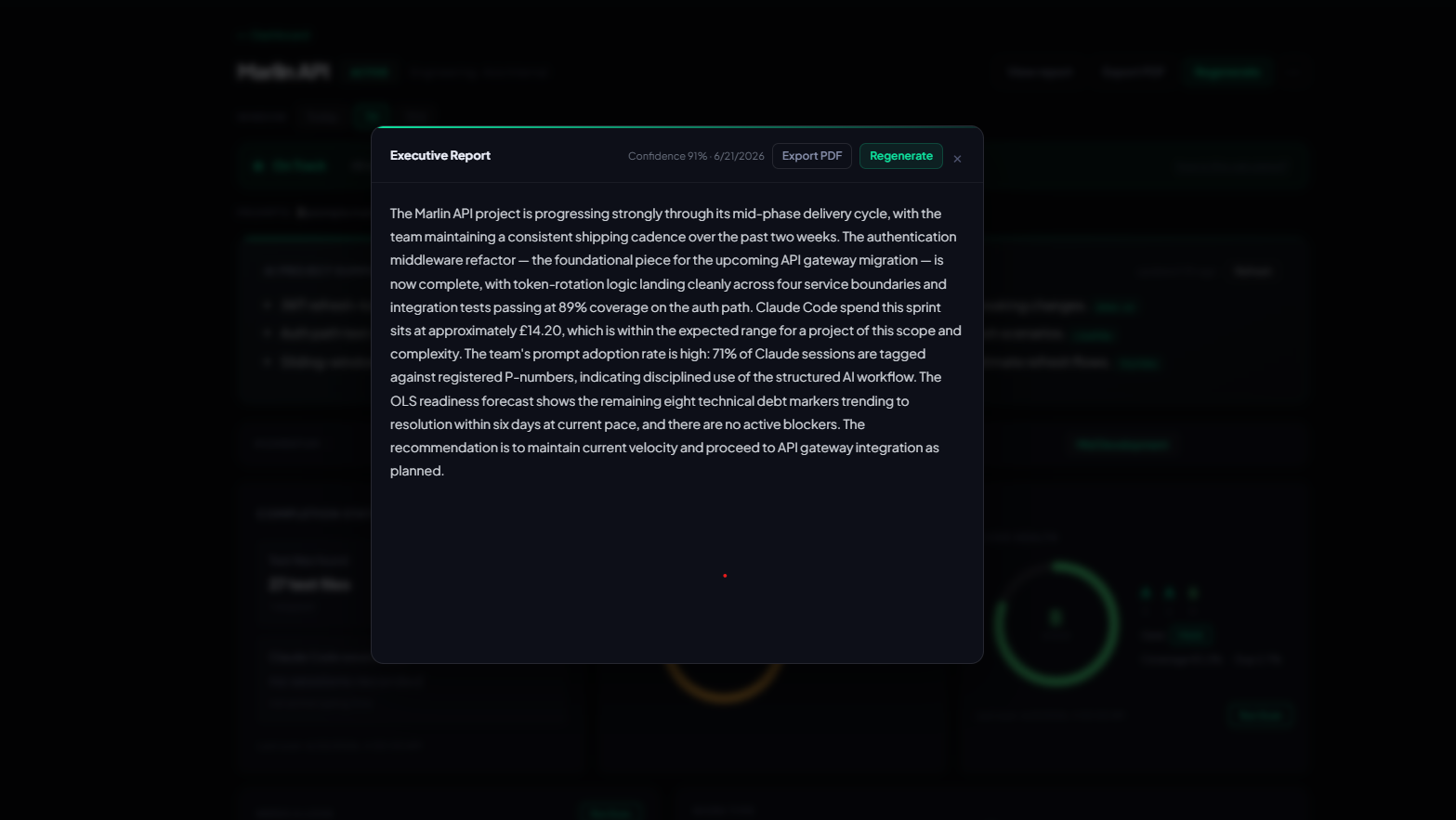 Project detail showing verdict banner, AI narration paragraph, and sentence-level highlights
