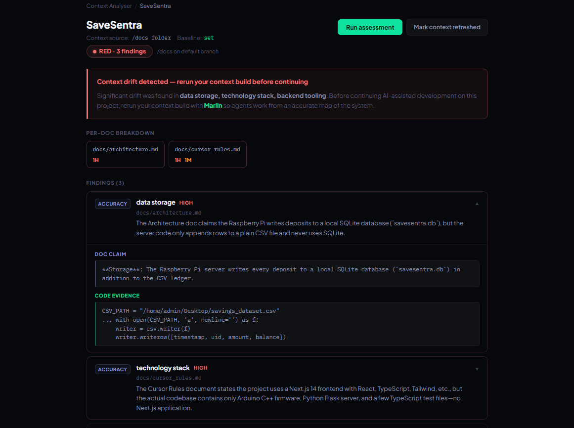 Context analyser page showing projects with GREEN, AMBER, and RED drift risk chips