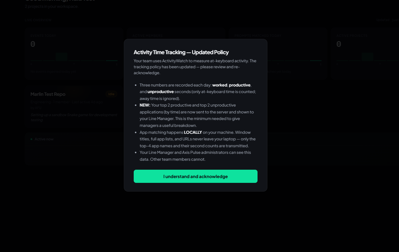 Activity Time Tracking consent modal showing the three-number privacy model and local classification policy